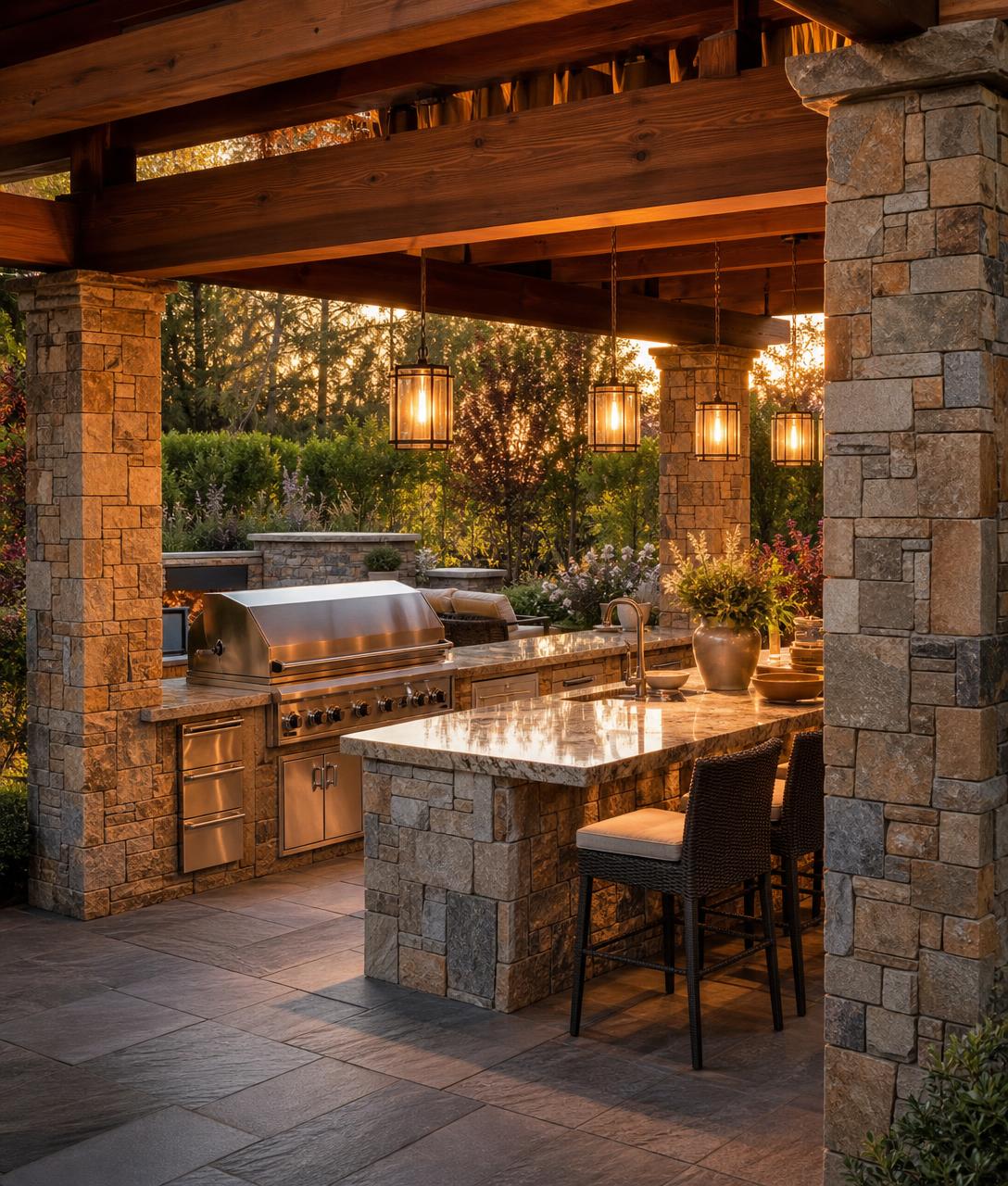 Luxury backyard kitchen at golden hour with hand-laid stone columns, stone veneer island, built-in grill, and warm pendant lighting under a cedar pergola