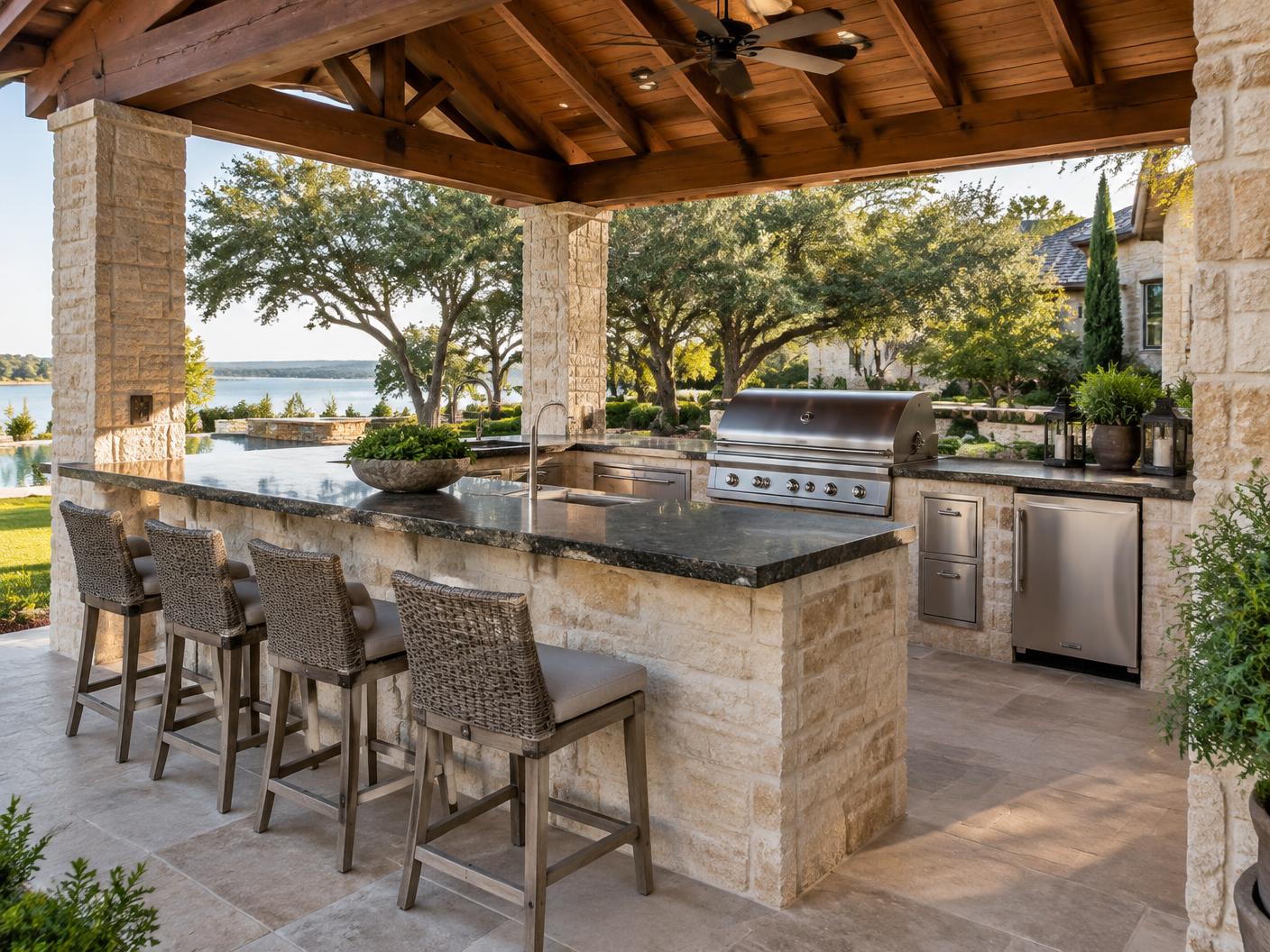 Luxury Texas limestone outdoor kitchen with granite counters and built-in stainless steel grill