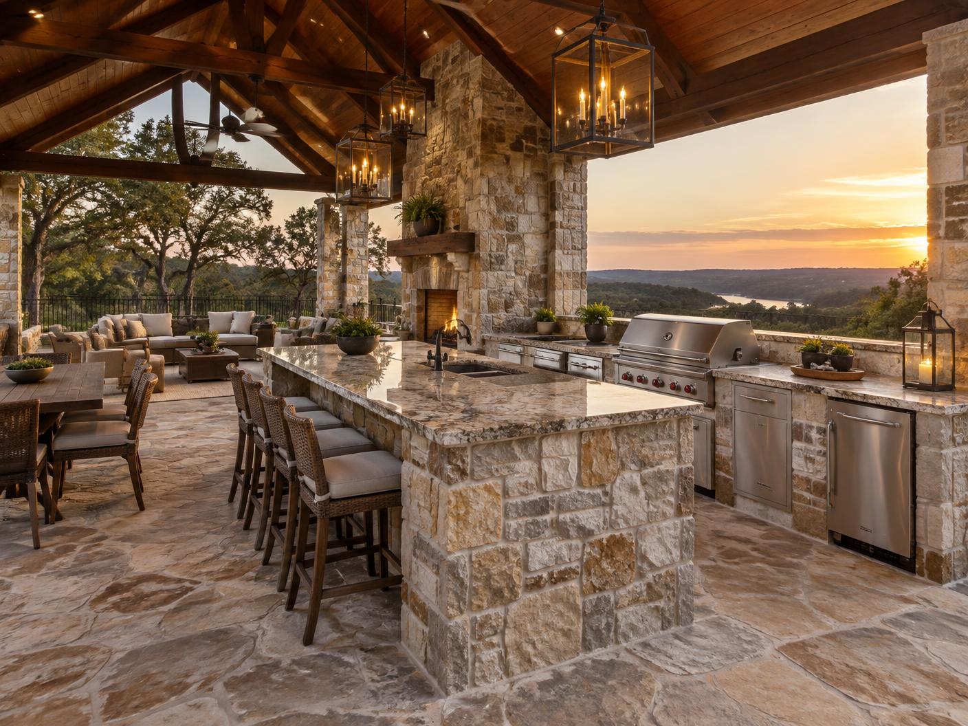 Grand natural stone outdoor kitchen pavilion with fireplace, vaulted cedar roof, and lounge